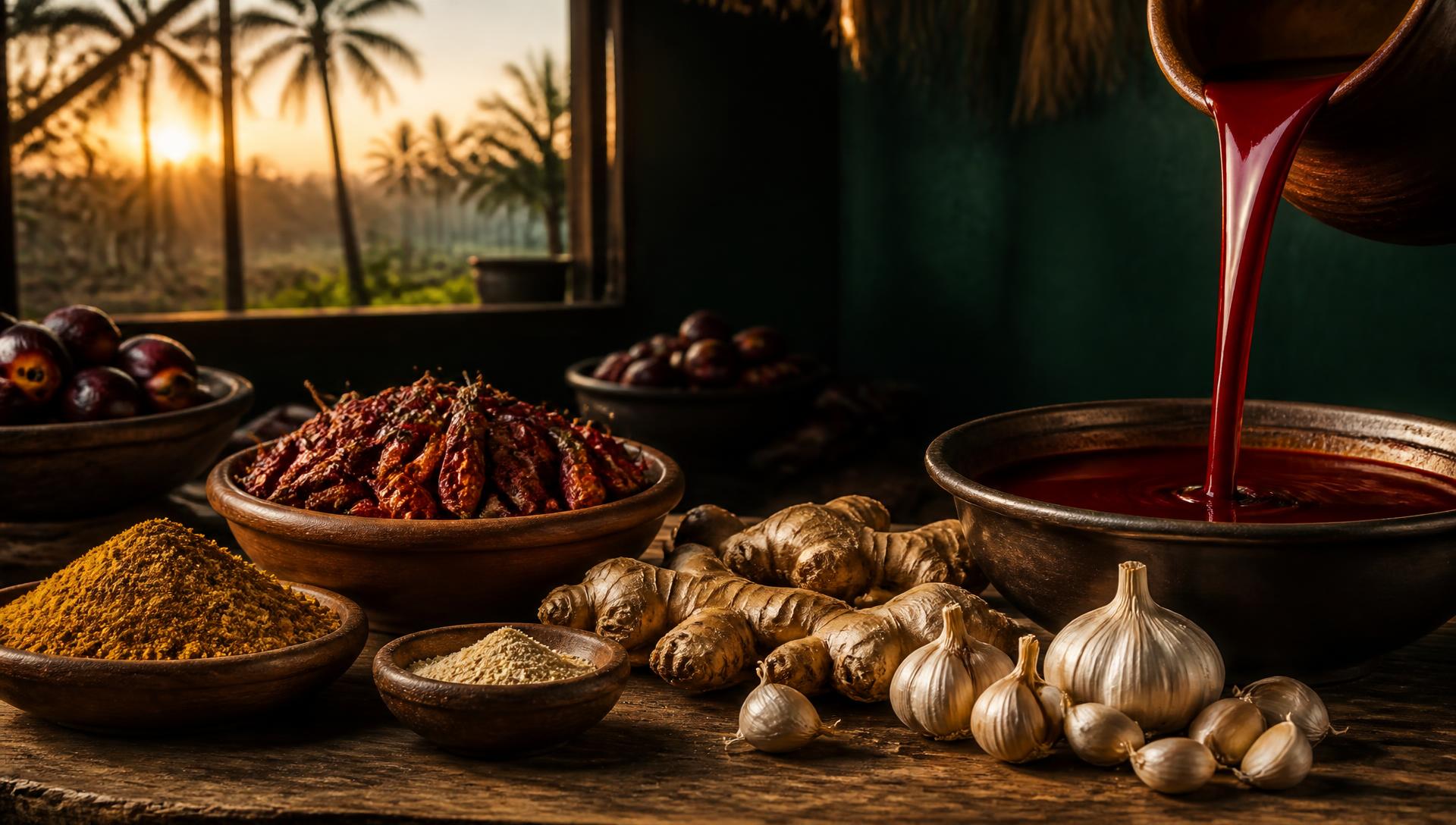 Palm oil pouring beside dried habanero pepper, curry powder, ginger and garlic